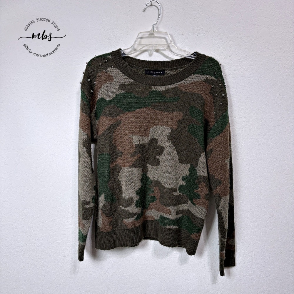 Milkyway Camouflage Knit Shoulder Studs Sweater Streetwear Green Brown Women M/L